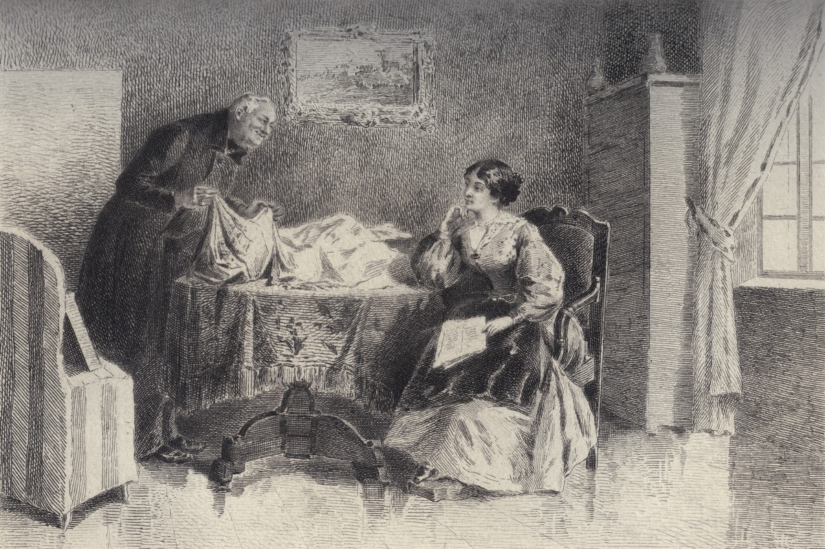 Crediti: Coll. ES / adoc-photos / adoc-photos Alors M. Lheureux exhiba délicatement trois écharpes algériennes. Illustration of the novel Madame Bovary by Gustave Flaubert France